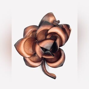 Large Brown Leather Flower Brooch Pin 3.75”X3” NWOT